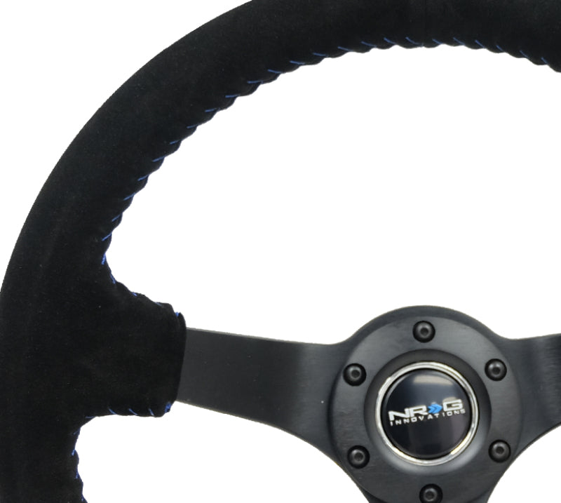 NRG Reinforced Steering Wheel (350mm / 3in. Deep) Blk Suede/Blue BBall Stitch w/5mm Matte Blk Spokes-thumbmail-2