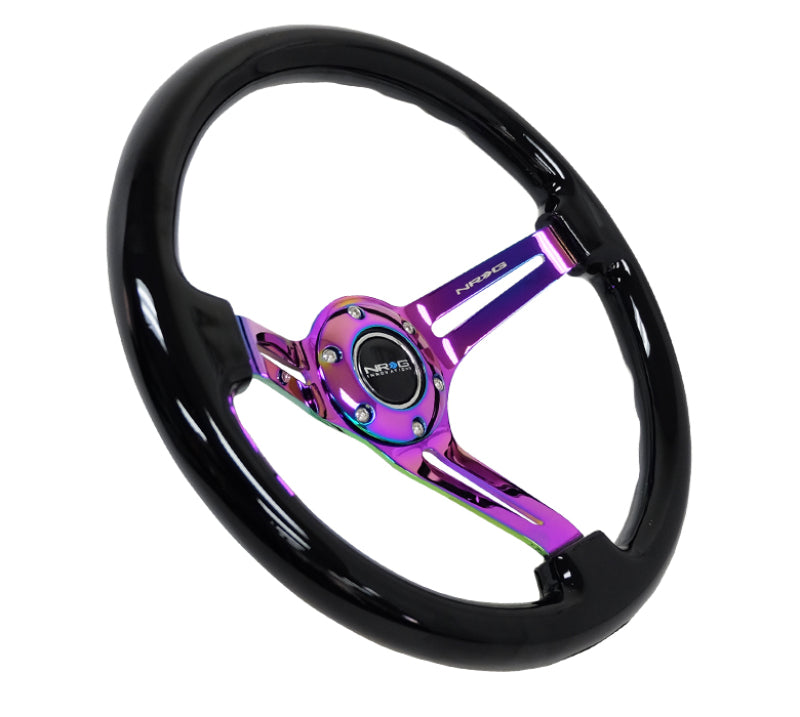 NRG Reinforced Steering Wheel (350mm / 3in. Deep) Blk Wood w/Blk Matte Spoke/Neochrome Center Mark-thumbmail-1