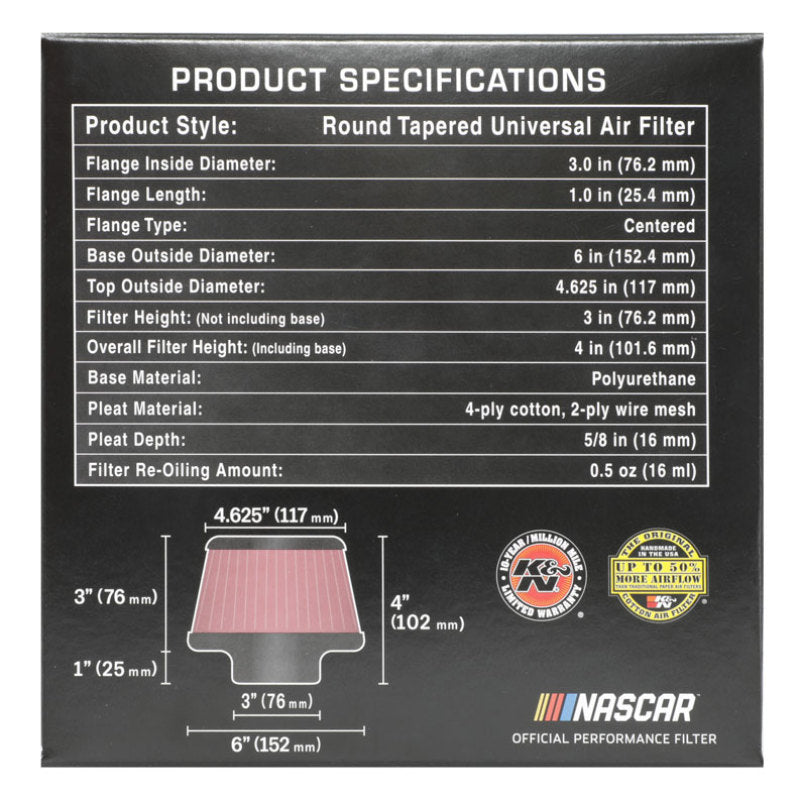 K&N Universal Round Clamp-On Air Filter 3in Flange ID x 6in Base OD x 4.625in Top OD x 3in Height-thumbmail-12
