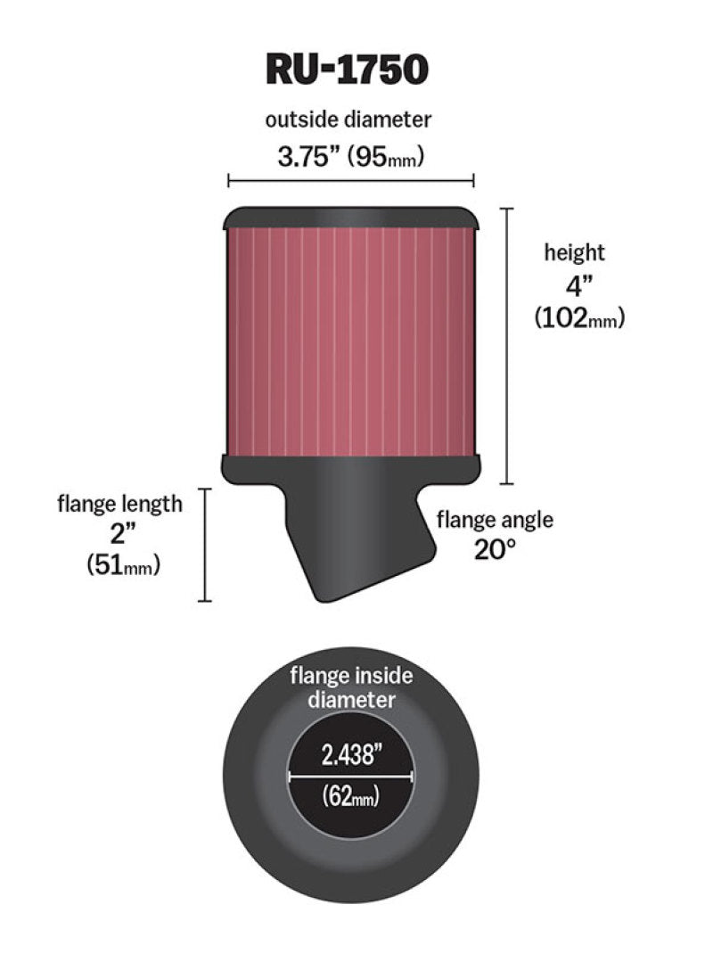 K&N Filter Universal Rubber Round Straight Filter 20 Deg Angled 2-7/16in Flange 3-3/4in OD 4in H-thumbmail-2