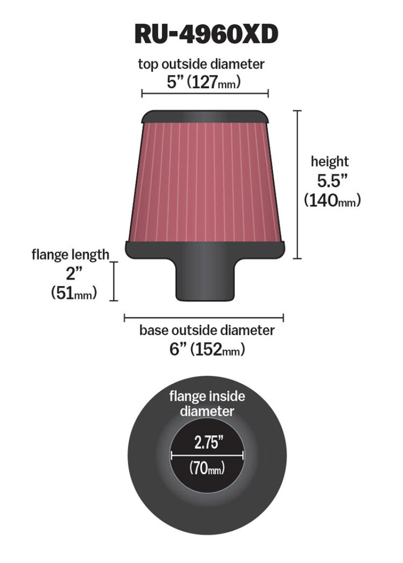 K&N Filter Universal Clamp-On Filter-Round Tapered 2.75in Flange ID x 6in Base OD x 5in Top OD-thumbmail-6