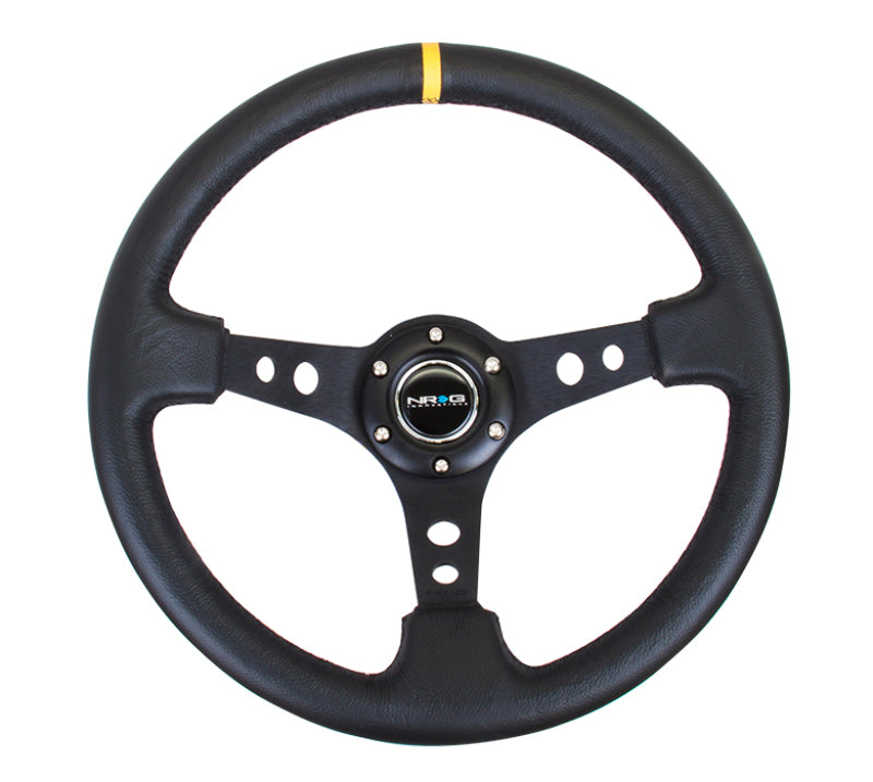 NRG Reinforced Steering Wheel (350mm / 3in. Deep) Blk Leather w/Blk Cutout Spoke/Yellow Center Mark-thumbmail-2