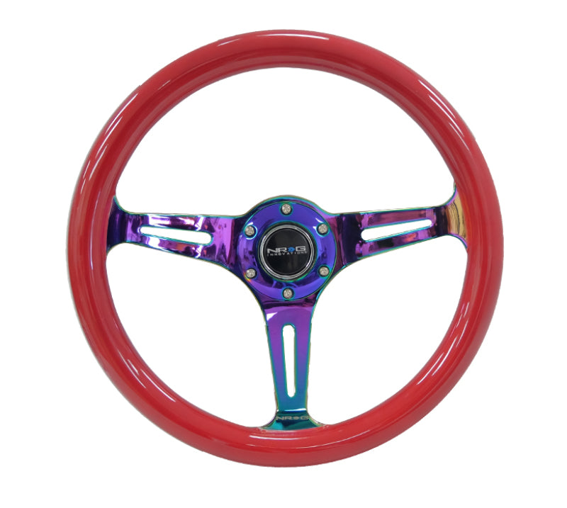 NRG Classic Wood Grain Steering Wheel (350mm) Red Grip w/Neochrome 3-Spoke Center-thumbmail-2