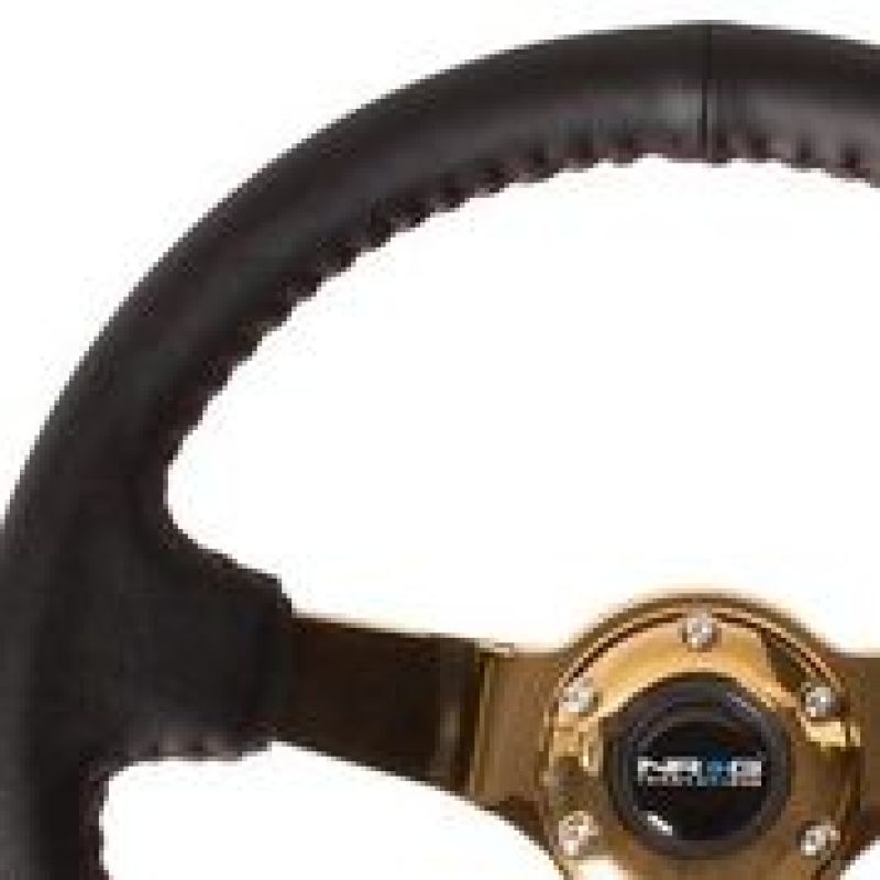 NRG Reinforced Steering Wheel (3in Deep / 4mm) 350mm Blk Leather w/Red BBall Stitch & Gold Spoke-thumbmail-2