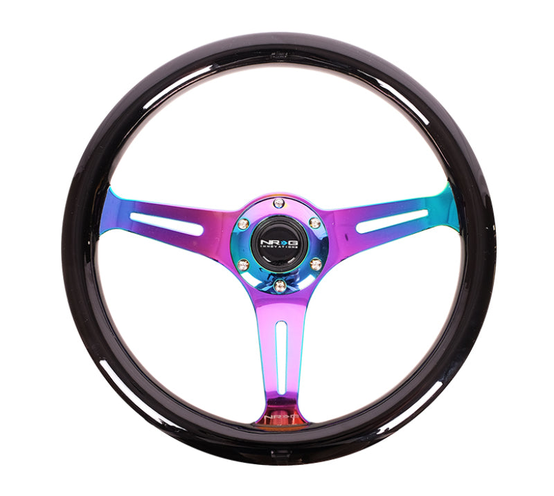 NRG Classic Wood Grain Steering Wheel (350mm) Black Paint Grip w/Neochrome 3-Spoke Center-thumbmail-2