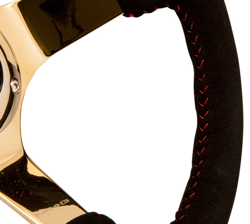 NRG Reinforced Steering Wheel (350mm / 3in. Deep) Blk Suede w/Red BBall Stitch & Chrome Gold 3-Spoke-thumbmail-1