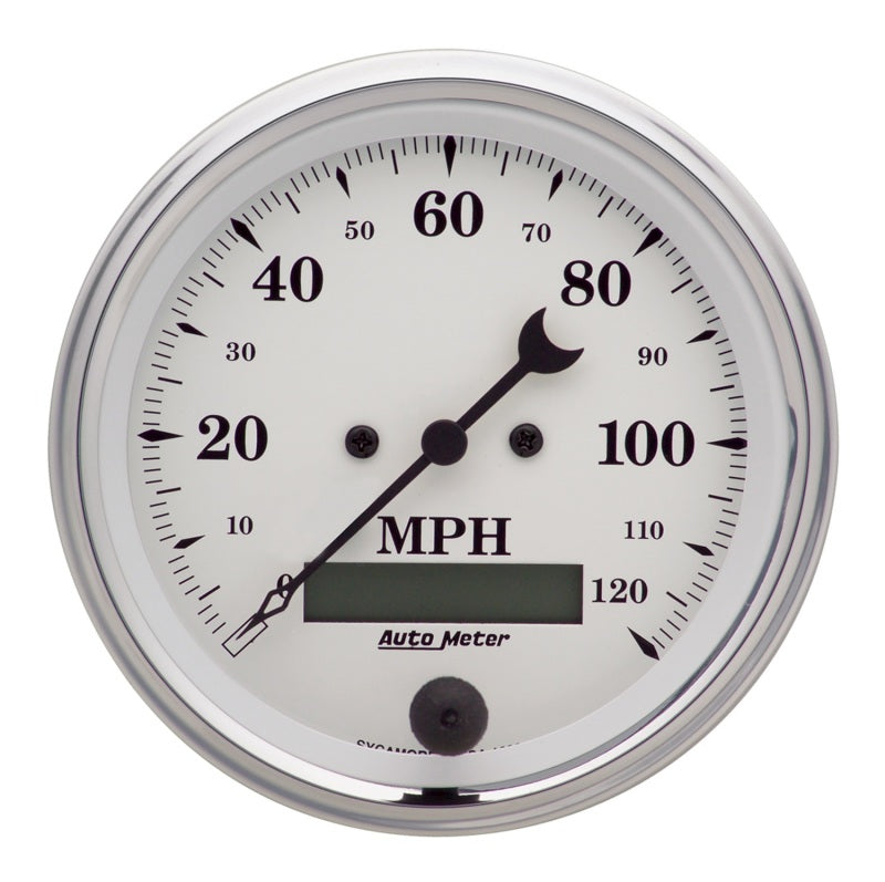 AutoMeter Gauge Speedo. 3-3/8in. 120MPH Elec. Prog. W/ Lcd Odo Old Tyme White-thumbmail-1