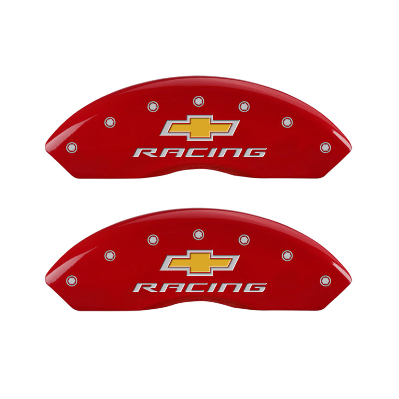 MGP 4 Caliper Covers Engraved Front & Rear Chevy Racing Red Finish Silver Char 2017 Chevrolet Camaro-thumbmail-2