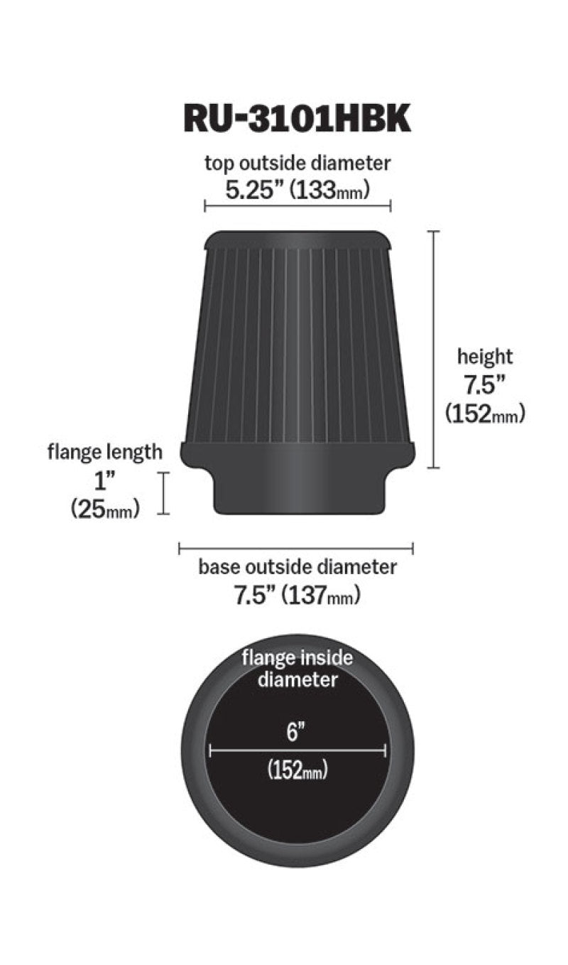 K&N Universal Rubber Filter Round Tapered 6in Flange ID x 7.5in Base OD x 5.25in Top OD x 8in Height-thumbmail-7