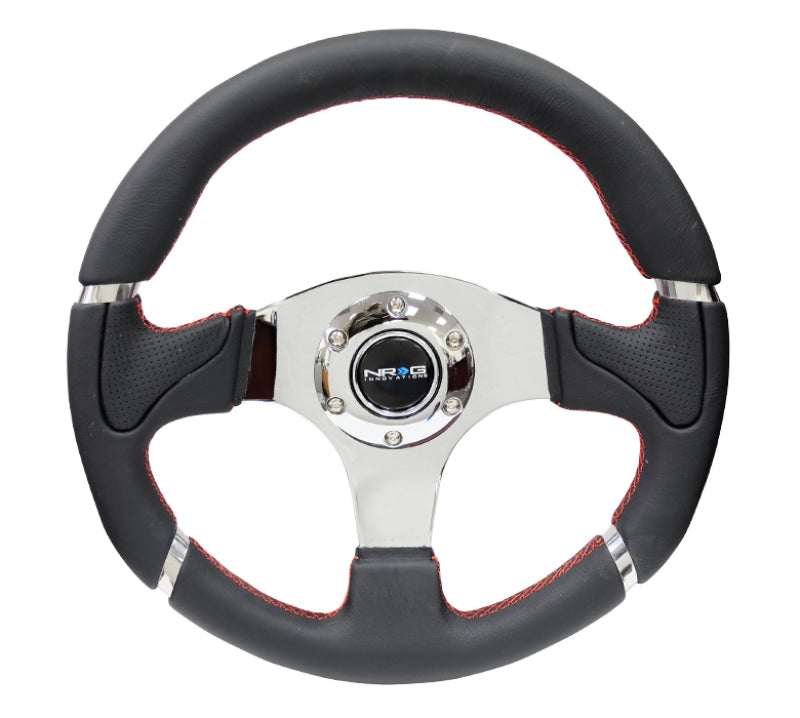 NRG Reinforced Steering Wheel (320mm) Blk Leather/Red Stitching w/Chrome 3-Spoke Center-thumbmail-1