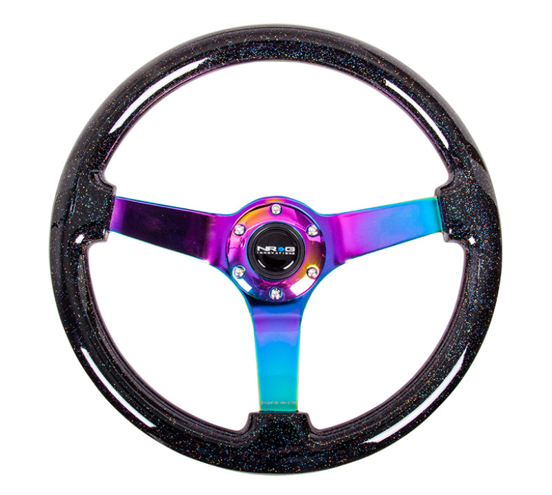 NRG Reinforced Steering Wheel (350mm / 3in. Deep) Classic Blk Sparkle w/4mm Neochrome 3-Spoke Center-thumbmail-2