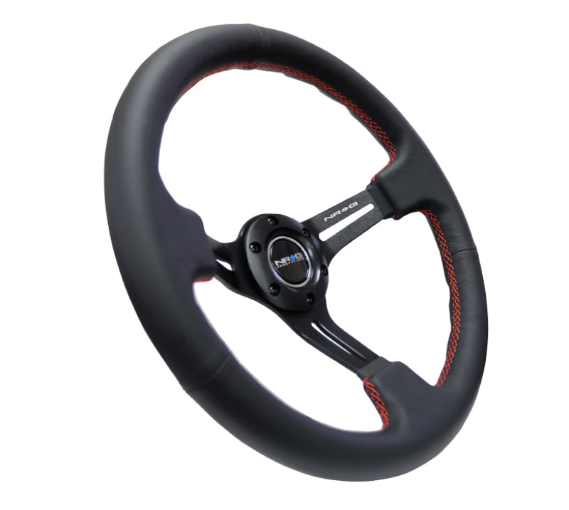 NRG Reinforced Steering Wheel (350mm / 3in. Deep) Black Leather/Red Stitch & Blk 3-Spoke w/Slits-thumbmail-3