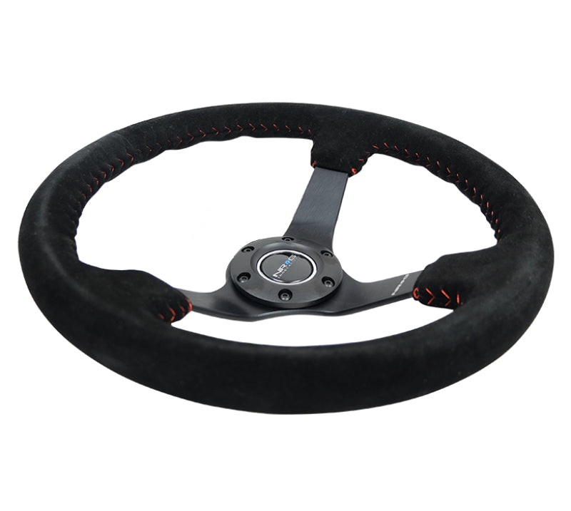 NRG Reinforced Steering Wheel (350mm / 3in. Deep) Blk Suede/Red BBall Stitch w/5mm Matte Blk Spokes-thumbmail-2