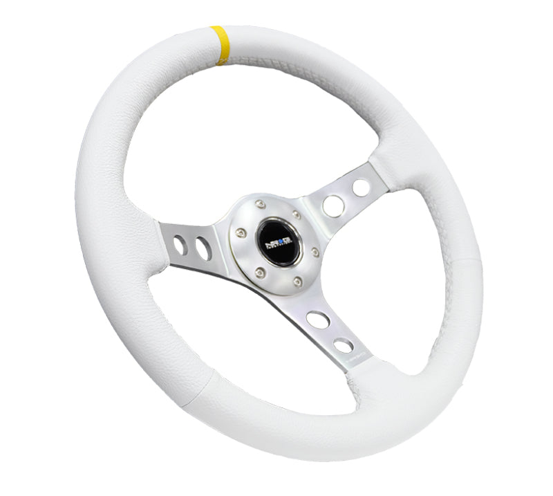 NRG Reinforced Steering Wheel (350mm / 3in. Deep) Wht Leather w/Silver Spoke & Single Yellow Mark-thumbmail-3