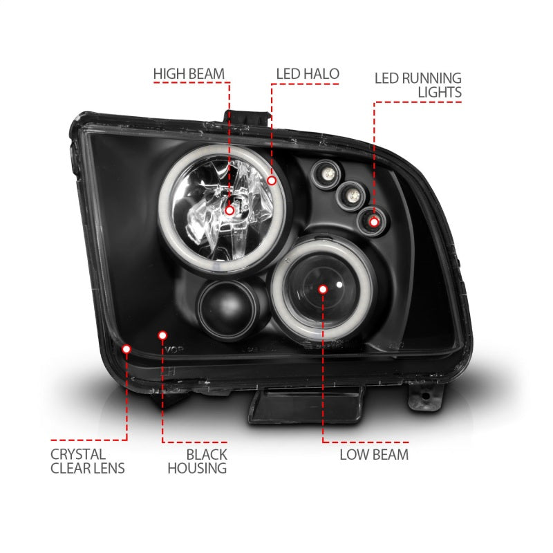 ANZO 2005-2009 Ford Mustang Projector Headlights w/ Halo Black-thumbmail-7