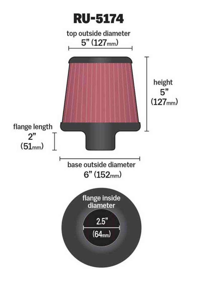 K&N Universal Rubber Filter-Round Tapered 2.5in Flange ID x 6in Base OD x 5in Top OD x 5in Height-thumbmail-6