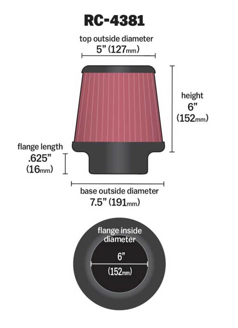 K&N Universal Chrome Filter 6in Flange ID x 7.5in Base OD x 5in Top OD x 6in H-thumbmail-6