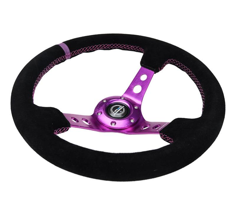 NRG Reinforced Steering Wheel (350mm / 3in. Deep) Black Suede w/Purple Center & Purple Stitching-thumbmail-2
