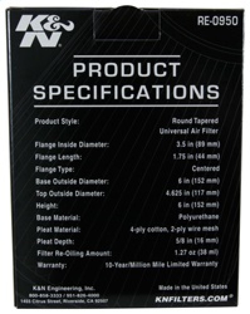 K&N Universal Rubber Filter 3 1/2inch ID FLG / 6inch Base / 4-5/8inch Top / 6inch Height-thumbmail-15