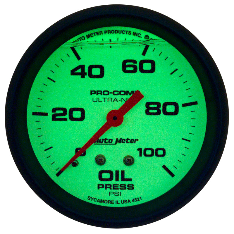 Autometer Ultra-Nite 2-5/8in 0-100 PSI Liquid Filled Mechanical Glow In Dark Oil Pressure Gauge-thumbmail-2
