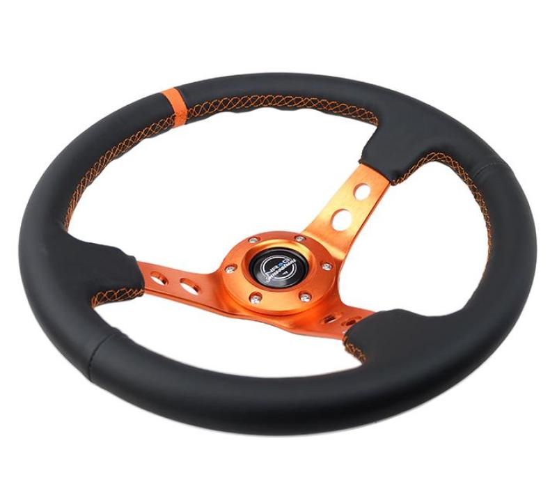 NRG Reinforce Steering Wheel (350mm / 3in. Deep) Blk Leather, Orange Center Mark w/ Orange Stitching-thumbmail-2