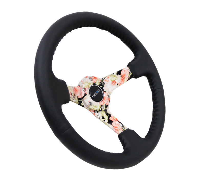 NRG Reinforced Steering Wheel (350mm / 3in. Deep) Blk Leather Floral Dipped w/ Blk Baseball Stitch-thumbmail-3