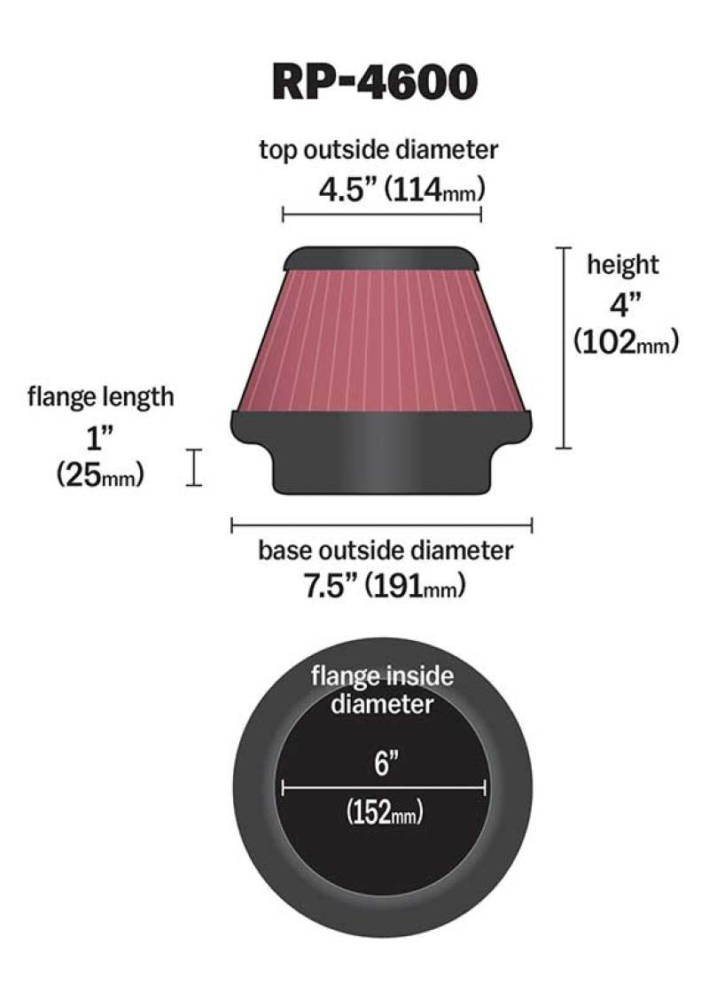K&N Universal Round Tapered Carbon Fiber Air Filter 6in Flg ID Centered/7.5in B OD/4.5in T OD/4in H-thumbmail-6
