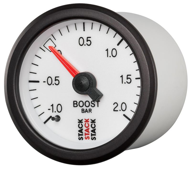 Autometer Stack 52mm -1 to +2 Bar T-Fitting 0.187in Barb (M) Mechanical Boost Pressure Gauge - White-thumbmail-3