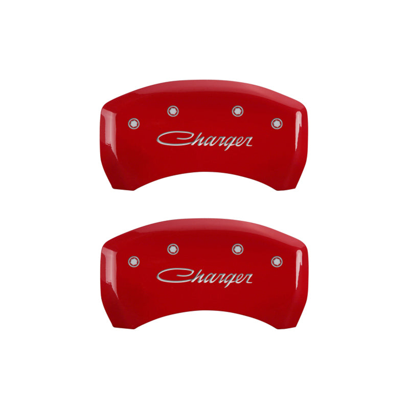 MGP 4 Caliper Covers Engraved Front & Rear Cursive/Charger Red finish silver ch-thumbmail-4