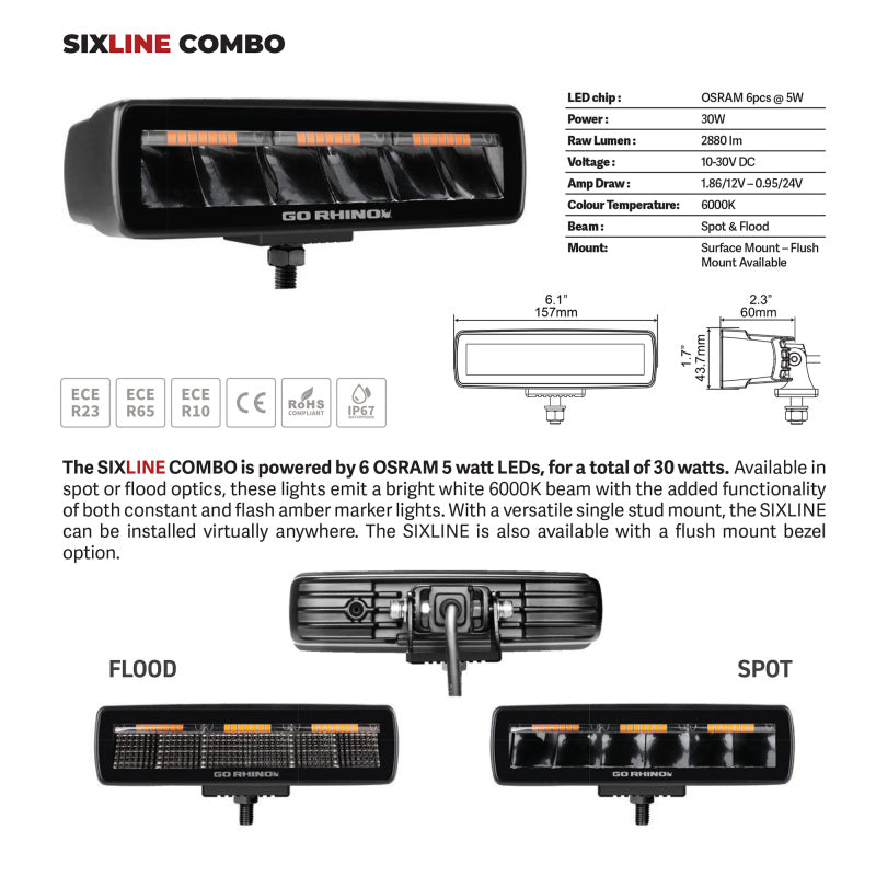 Go Rhino Xplor Blackout Combo Series Sixline LED Spot Lights w/Amber (Surface Mount) - Blk (Pair)-thumbmail-4