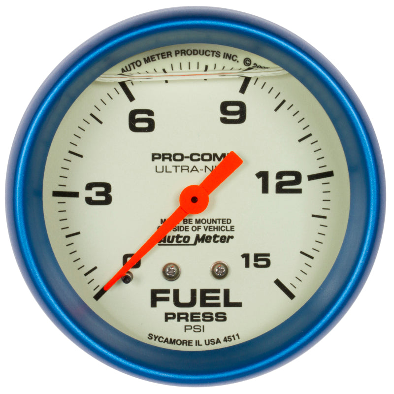 Autometer Ultra-Nite 2-5/8in 15psi Mechanical Glow In The Dark Fuel Pressure Gauge-thumbmail-1