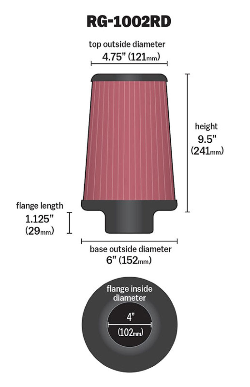 K&N Universal Air Filter Chrome Round Tapered Red - 4in Flange ID x 1.125in Flange Length x 9.5in H-thumbmail-10