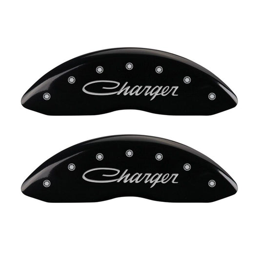 MGP 4 Caliper Covers Engraved Front & Rear Cursive/Charger Black finish silver ch