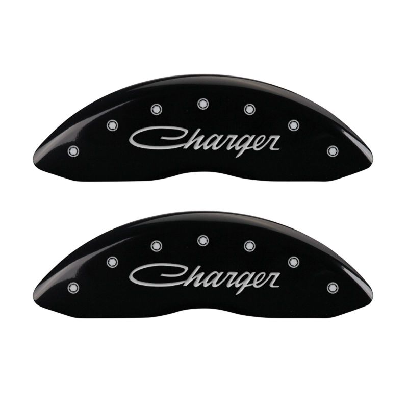 MGP 4 Caliper Covers Engraved Front & Rear Cursive/Charger Black finish silver ch-thumbmail-1