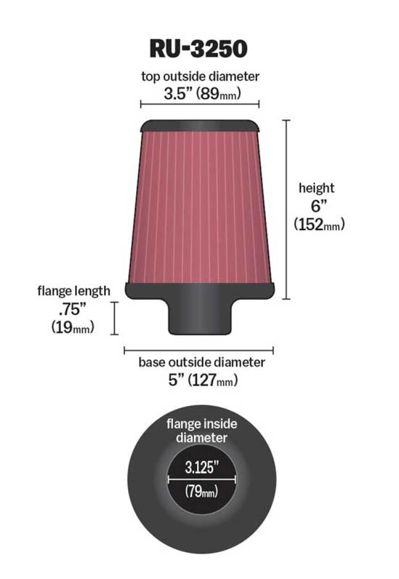 K&N Universal Tapered Filter 3.125in Flange ID x 5in Base OD x 3.5in Top OD x 6in Height-thumbmail-6