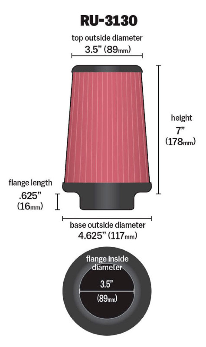 K&N Filter Universal Rubber Filter 3 1/2 inch Flange 4 5/8 inch Base 3 1/2 inch Top 7 inch Height-thumbmail-16