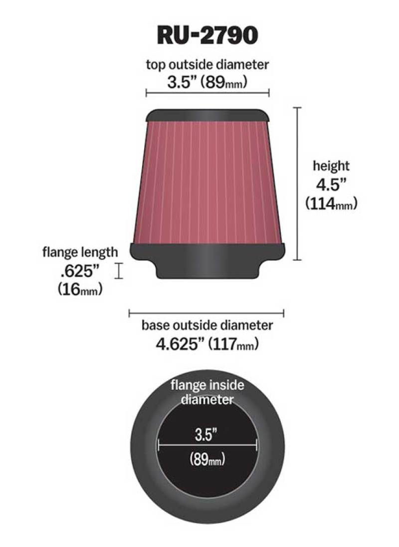 K&N Filter Universal Rubber Filter 3 1/2 inch Flange 4 5/8 inch Base 3 1/2 inch Top 4 1/2 inch Heigh-thumbmail-1