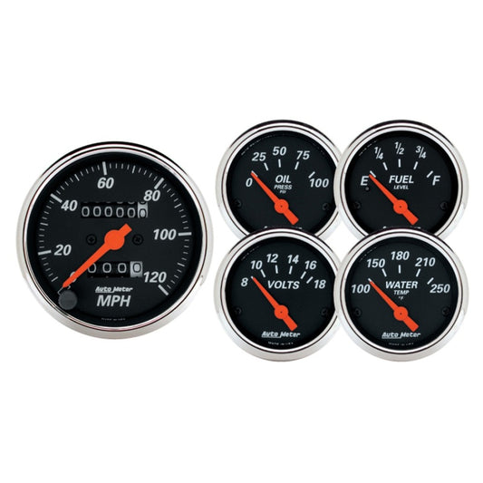 Autometer Designer Black 5pc 100-250deg Temp / 8-18V Volt / 120mph Speed / 100psi Oil / E-F Fuel