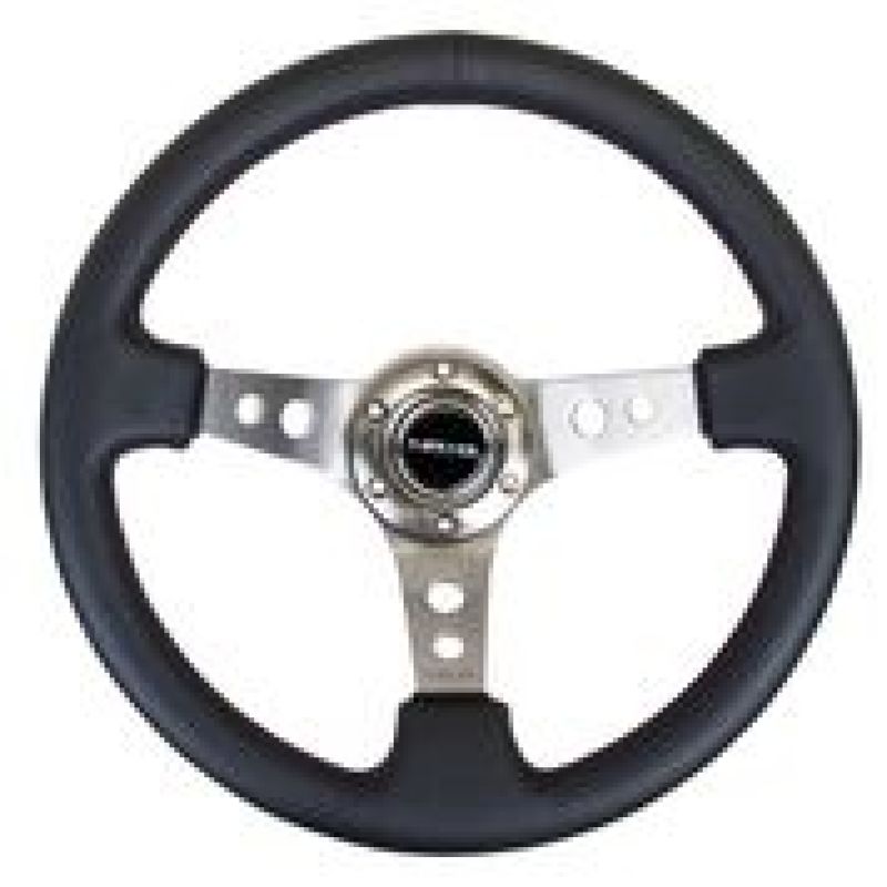 NRG Reinforced Steering Wheel (350mm / 3in. Deep) Blk Leather w/Gunmetal Circle Cutout Spokes-thumbmail-2
