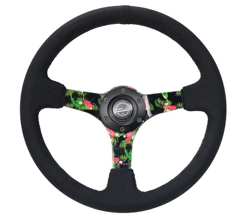 NRG Reinforced Steering Wheel (350mm / 3in. Deep) Black Suede w/ 5mm Floral 3-Spoke Center-thumbmail-1
