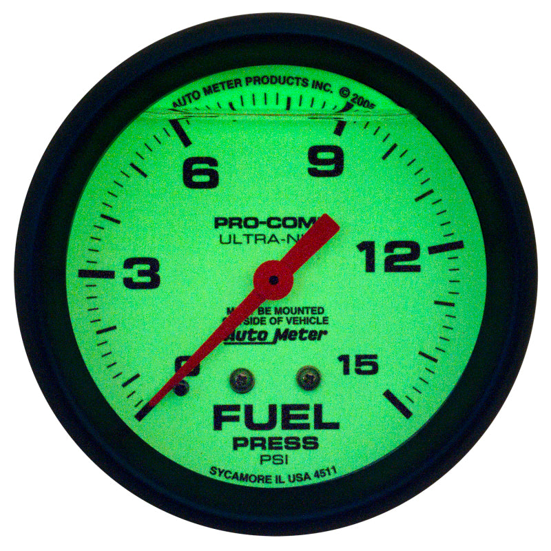Autometer Ultra-Nite 2-5/8in 15psi Mechanical Glow In The Dark Fuel Pressure Gauge-thumbmail-2