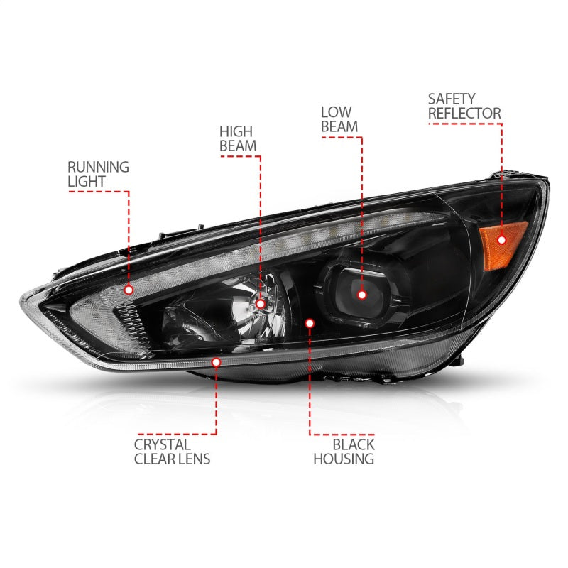 ANZO 15-18 Ford Focus Projector Headlights - w/ Light Bar Switchback Black Housing-thumbmail-8