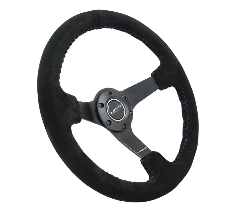 NRG Reinforced Steering Wheel (350mm / 3in. Deep) Blk Suede/Blue BBall Stitch w/5mm Matte Blk Spokes-thumbmail-3