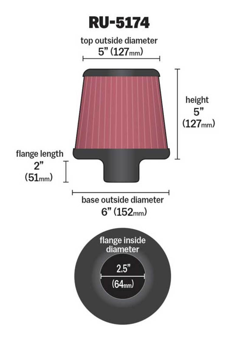 K&N Universal Rubber Filter-Round Tapered 2.5in Flange ID x 6in Base OD x 5in Top OD x 5in Height-thumbmail-2