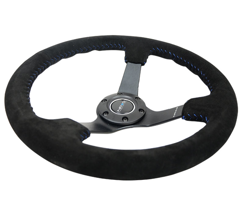 NRG Reinforced Steering Wheel (350mm / 3in. Deep) Blk Suede/Blue BBall Stitch w/5mm Matte Blk Spokes-thumbmail-4