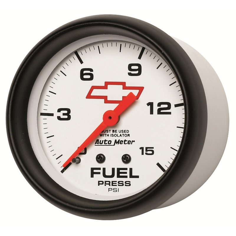 AutoMeter Gauge Fuel Press 2-5/8in. 15PSI Mech W/Isolator Chevy Red Bowtie White-thumbmail-2