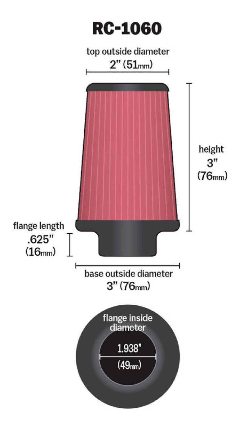 K&N Universal Chrome Filter 1 15/16 inch FLG / 3 inch Base / 2 inch Top / 3 inch Height-thumbmail-2
