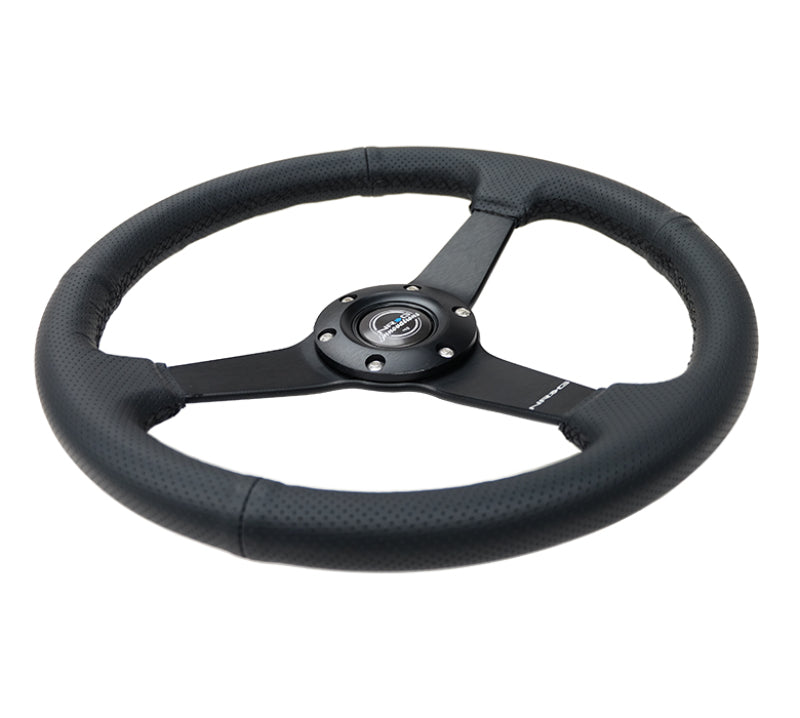 NRG Sport Steering Wheel (350mm / 1.5in Deep) Black Leather Black Stitch w/Matte Black Solid Spokes-thumbmail-2