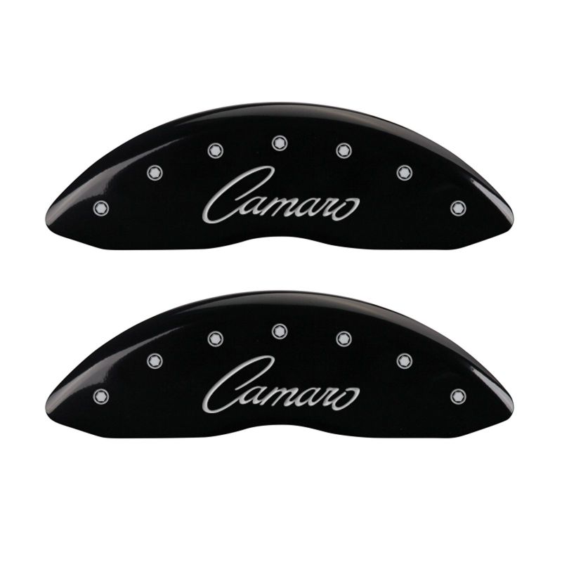 MGP 4 Caliper Covers Engraved Front & Rear Cursive/Camaro Black finish silver ch-thumbmail-2