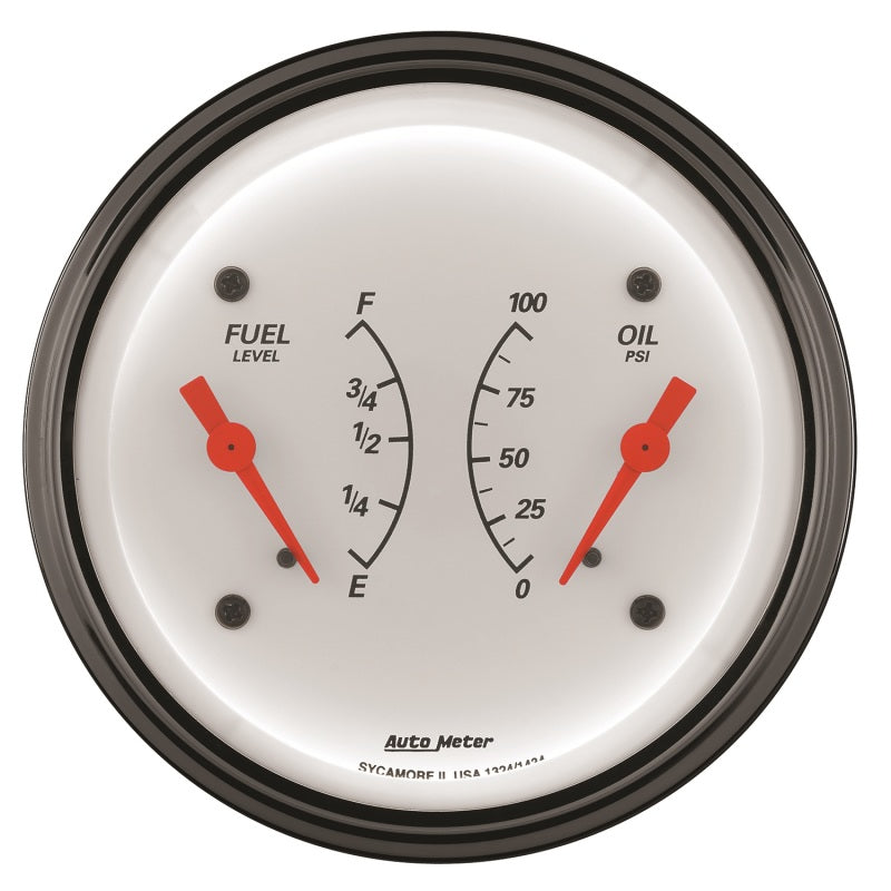 AutoMeter Gauge Dual Fuel & Oilp 3-3/8in. 0 Ohm(e) to 90 Ohm(f)& 100PSI Elec Arctic White-thumbmail-2
